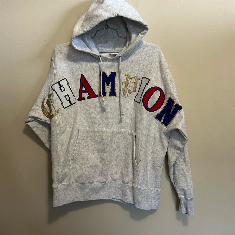 Champion Sweater Mens Large Gray Reverse Weave Spellout Pullover Hoodie Cross